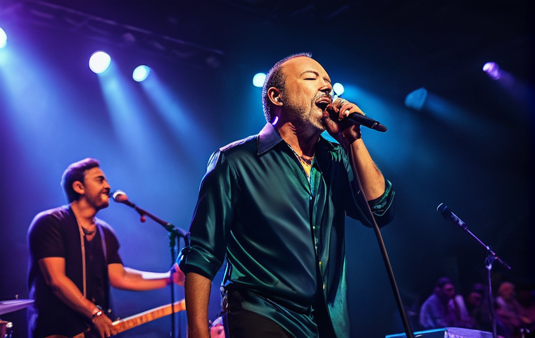 루벤 블라데스 음악과 정치 - **Prompt:** A vibrant and dynamic concert scene featuring Rub&eacute;n Blades in his prime (1970s-80s), pas...