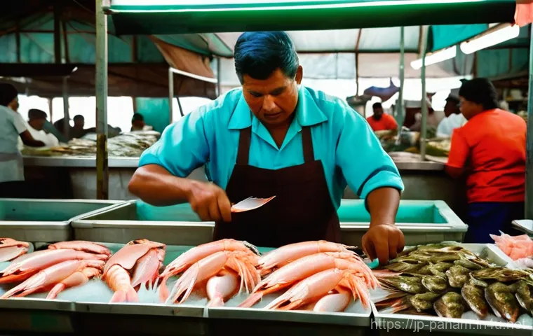 파나마의 대형 시장 탐방 - **A Bustling Panamanian Fish Market Morning**
    Generate an image capturing the vibrant energy of ...