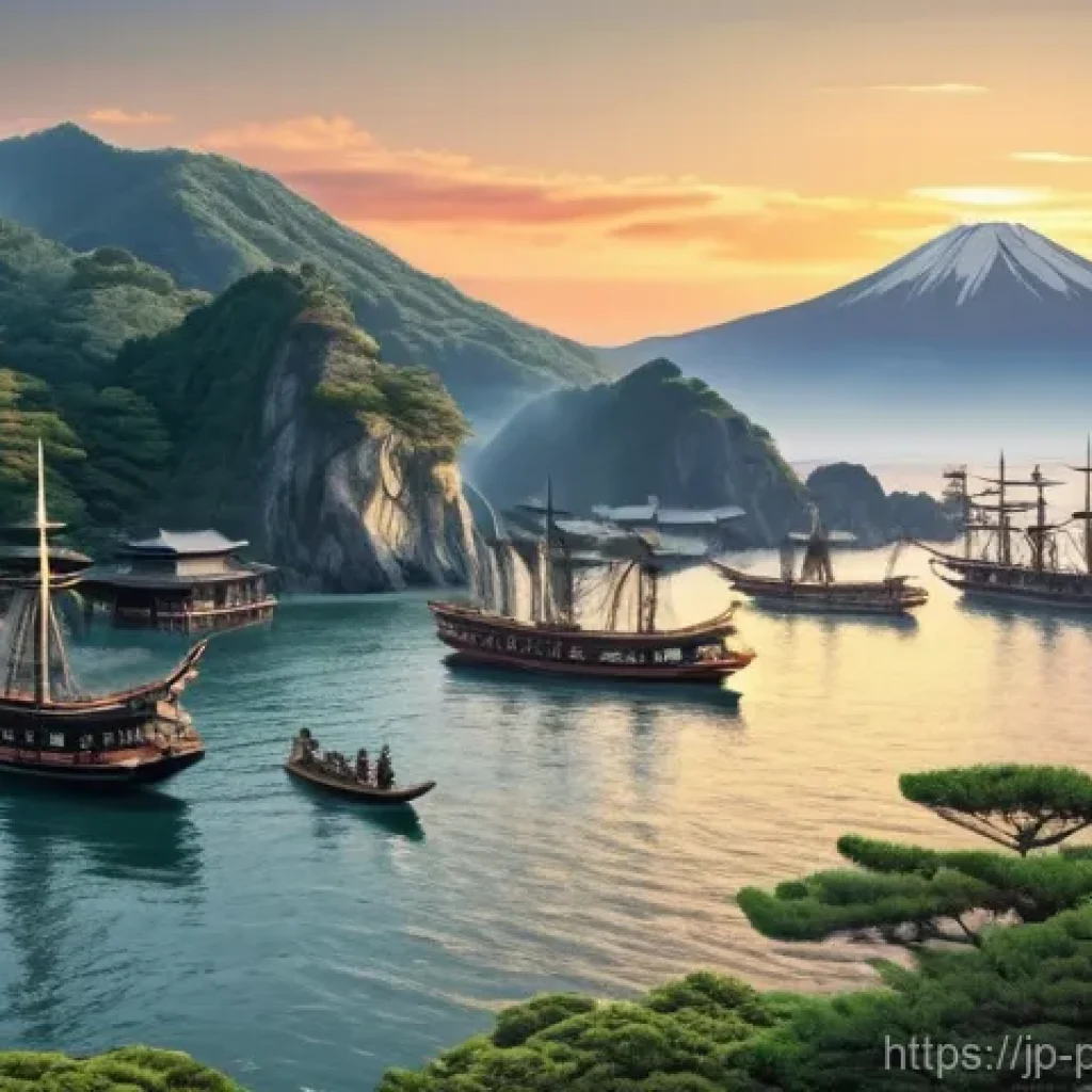 미국과의 관계 역사 - **Prompt:** A dramatic, wide-angle historical scene depicting the arrival of Commodore Matthew Perry...