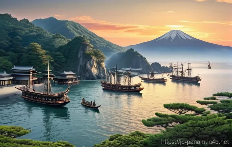 미국과의 관계 역사 - **Prompt:** A dramatic, wide-angle historical scene depicting the arrival of Commodore Matthew Perry...