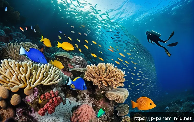 코이바 섬 다이빙 - A vibrant underwater scene near Coiba Island showcasing colorful tropical fish like damselfish and c...