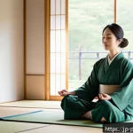 마리아무니츠와 미인대회 - A serene Japanese woman in her late 20s practicing a morning meditation routine by a large window wi...