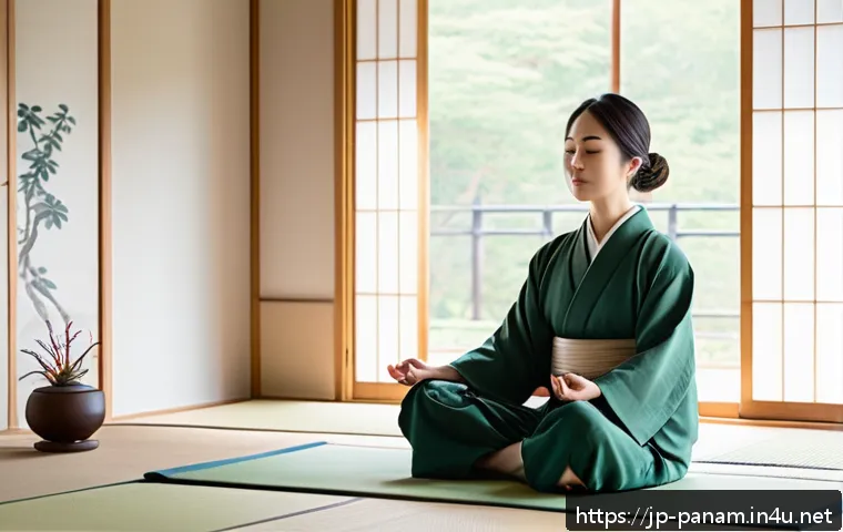 마리아무니츠와 미인대회 - A serene Japanese woman in her late 20s practicing a morning meditation routine by a large window wi...