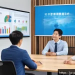 현지 법률 및 규제 - A modern Japanese corporate office scene illustrating compliance training: diverse employees attenti...