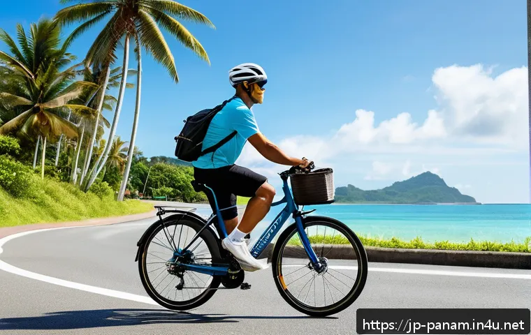파나마에서의 자전거 여행 코스 - A beginner-friendly cycling scene along Panama&rsquo;s Pacific coastline during a sunny day, featuring a f...
