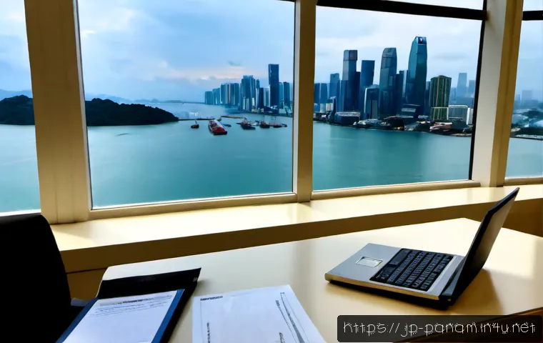 조세 회피처로서의 파나마 - Photorealistic editorial scene of Panama City’s modern waterfront skyline at early morning, a discre...