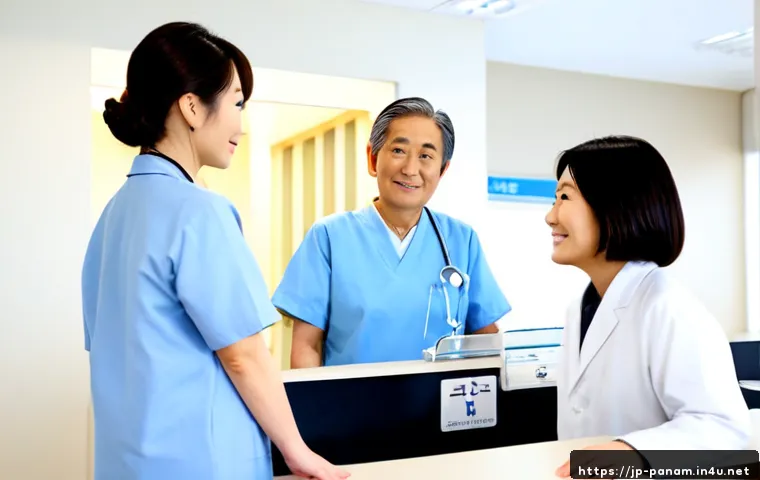 현지 병원 및 의료 서비스 - Photorealistic local Japanese hospital reception, a friendly adult receptionist guiding an elderly J...